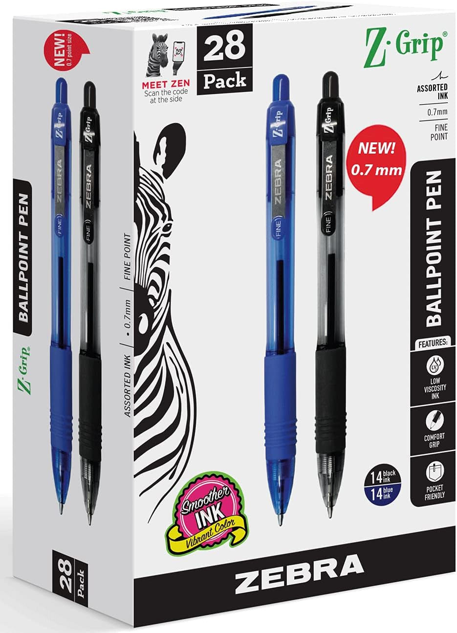 Z-Grip Retractable Ballpoint Pens, Fine Point 0.7mm, 28-Count Combo Pack (14 Black & 14 Blue Pens)