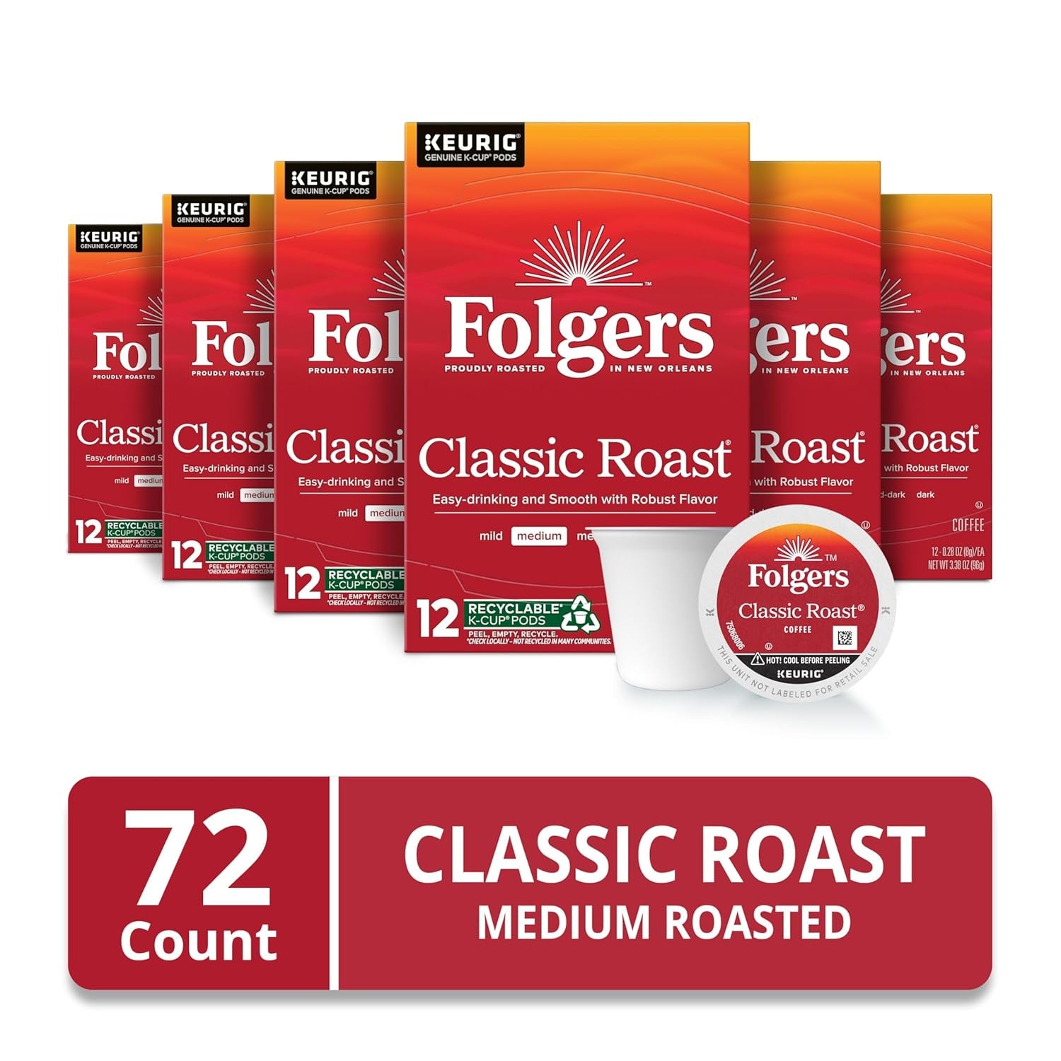 Classic Roast Medium Roast Coffee, Keurig K-Cup Pods, 12 Count Boxes (Pack of 6)