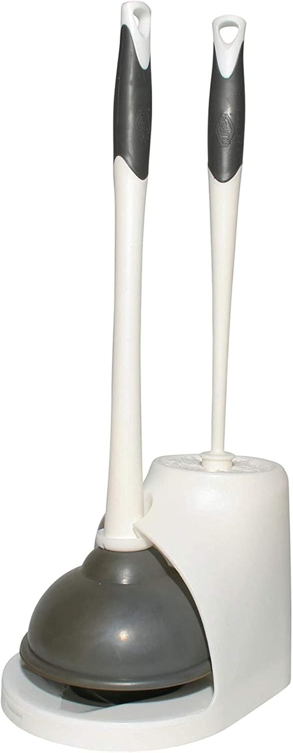 Toilet Plunger and Brush Bowl Set with Holder Caddy Storage for Cleaning Bathroom and Unclogging Toilets, White and Gray