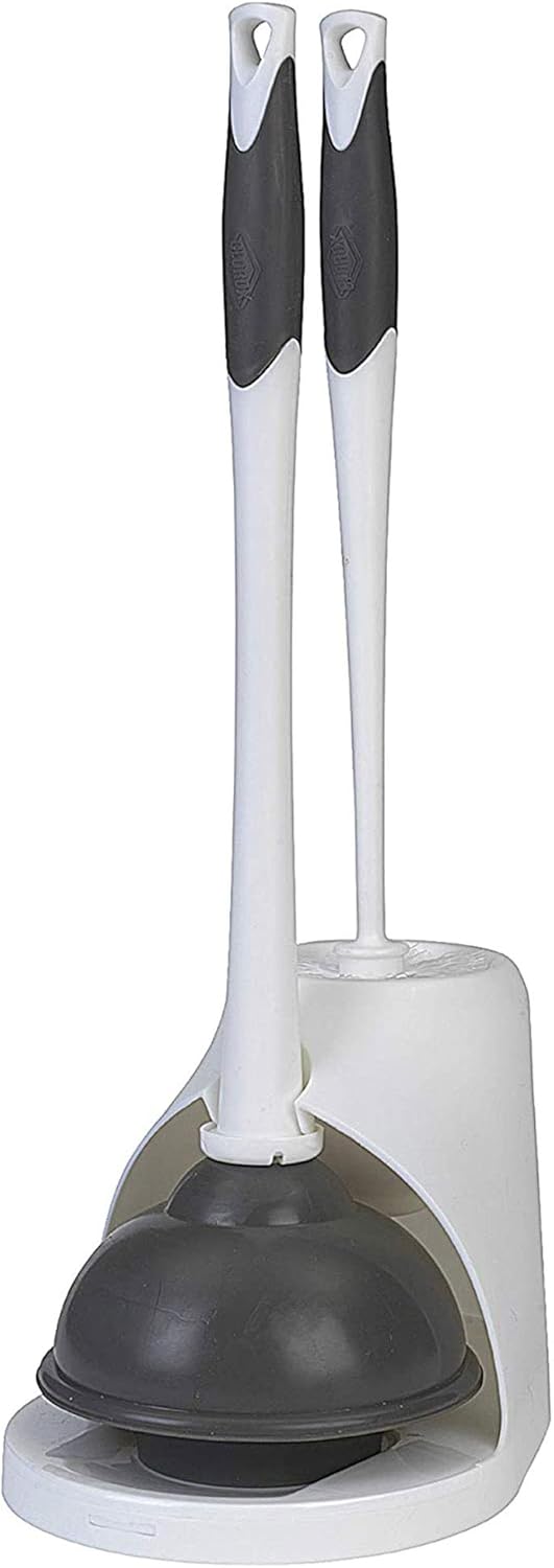 Toilet Plunger and Brush Bowl Set with Holder Caddy Storage for Cleaning Bathroom and Unclogging Toilets, White and Gray