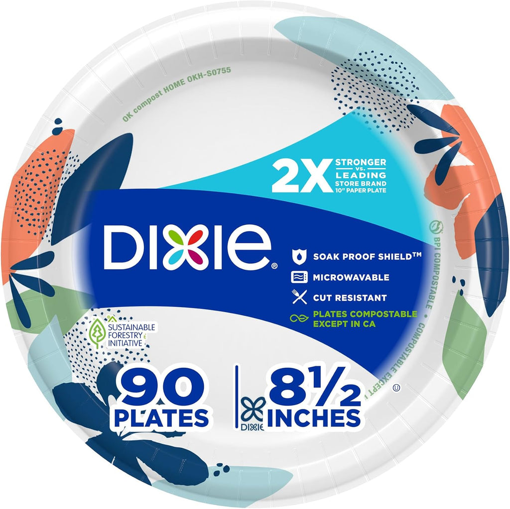 Dixie Medium Paper Plates, 8.5 Inch, 90 Count, 2X Stronger*, Microwave-Safe, Soak-Proof, Cut Resistant, Disposable Plates for Everyday Breakfast, Lunch, & Dinner Meals