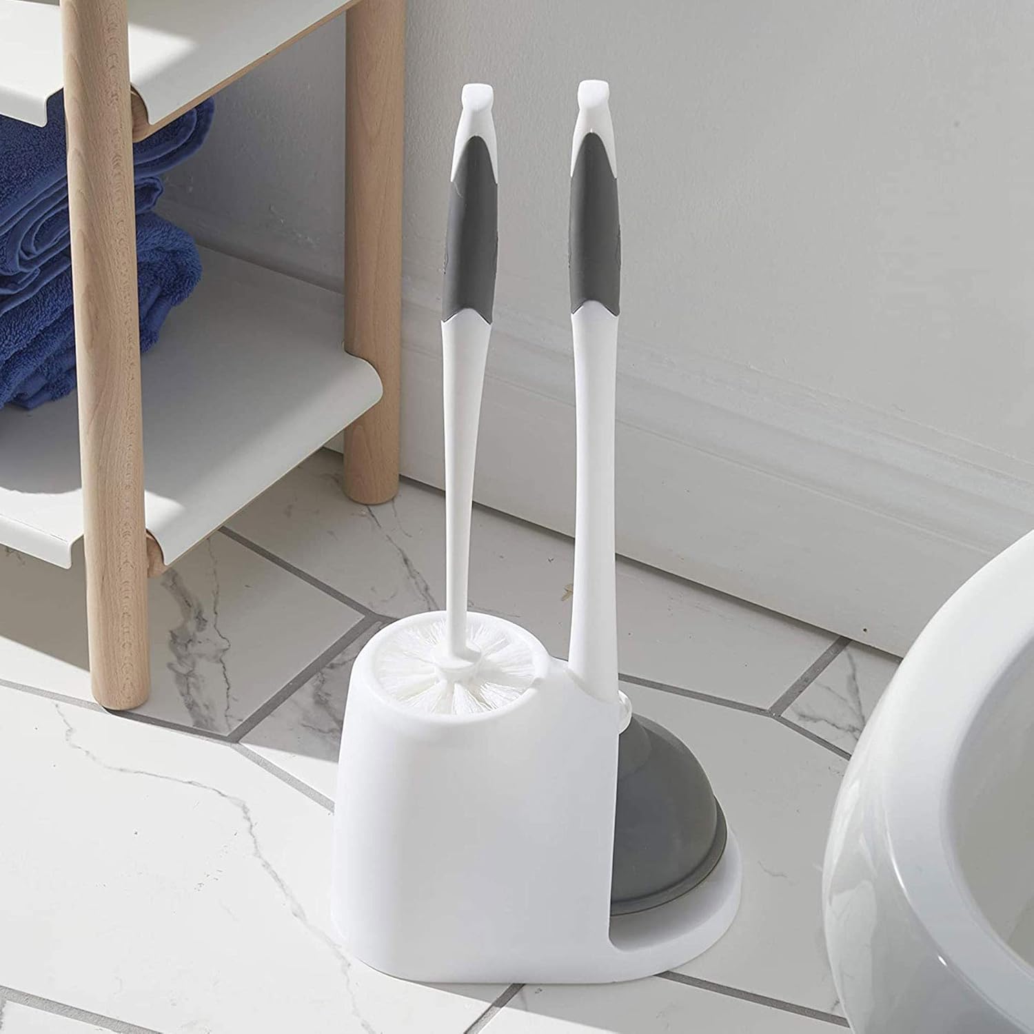 Toilet Plunger and Brush Bowl Set with Holder Caddy Storage for Cleaning Bathroom and Unclogging Toilets, White and Gray
