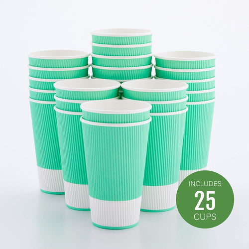 16 Ounce Ripple Wall Disposable Paper Cups - Pack of 25, Leakproof and Recyclable Light Green Insulated Holders, Matching Lids Sold Separately