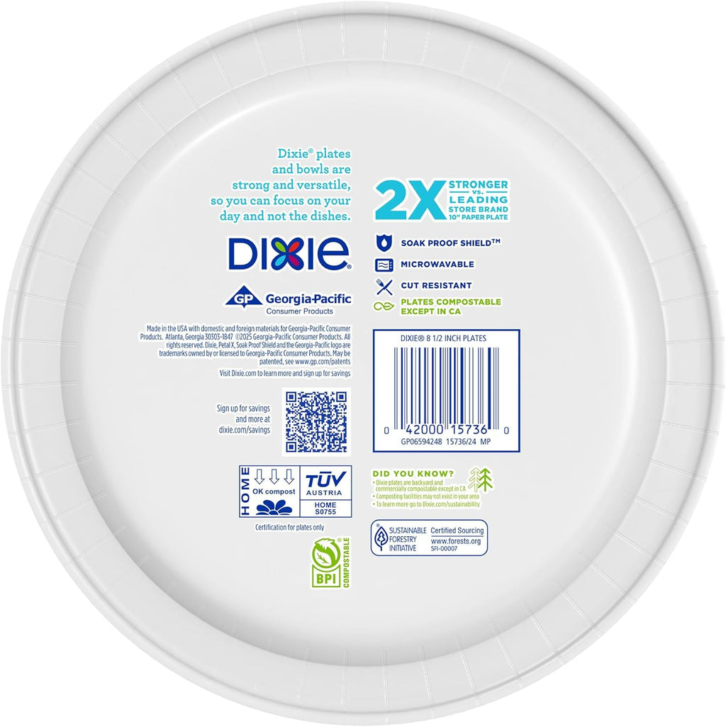 Dixie Medium Paper Plates, 8.5 Inch, 90 Count, 2X Stronger*, Microwave-Safe, Soak-Proof, Cut Resistant, Disposable Plates for Everyday Breakfast, Lunch, & Dinner Meals