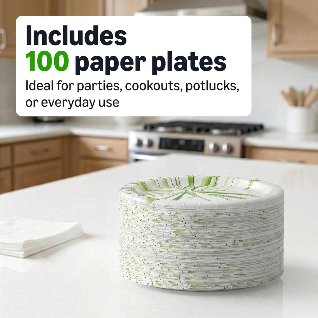 Everyday Disposable Paper Plates, 8.62 Inch, Microwave-Safe, Cut Resistant, Soak-Proof, 100 Count, Packaging May Vary