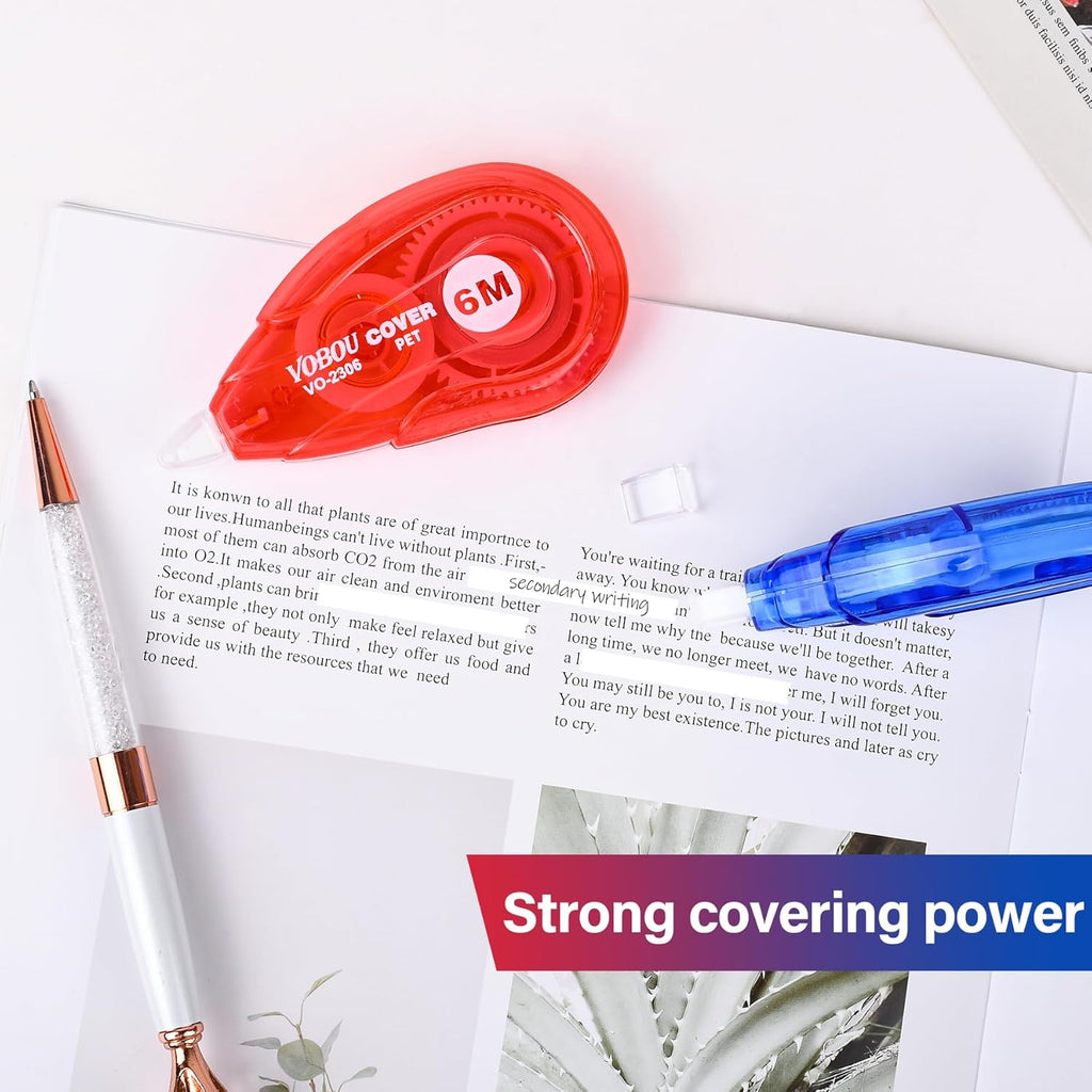 White Correction Tape - User-Friendly Applicator for Quick Corrections, Ideal for School and Office Use (Red and Blue, 12 Pack, 6M/256" X 0.2")