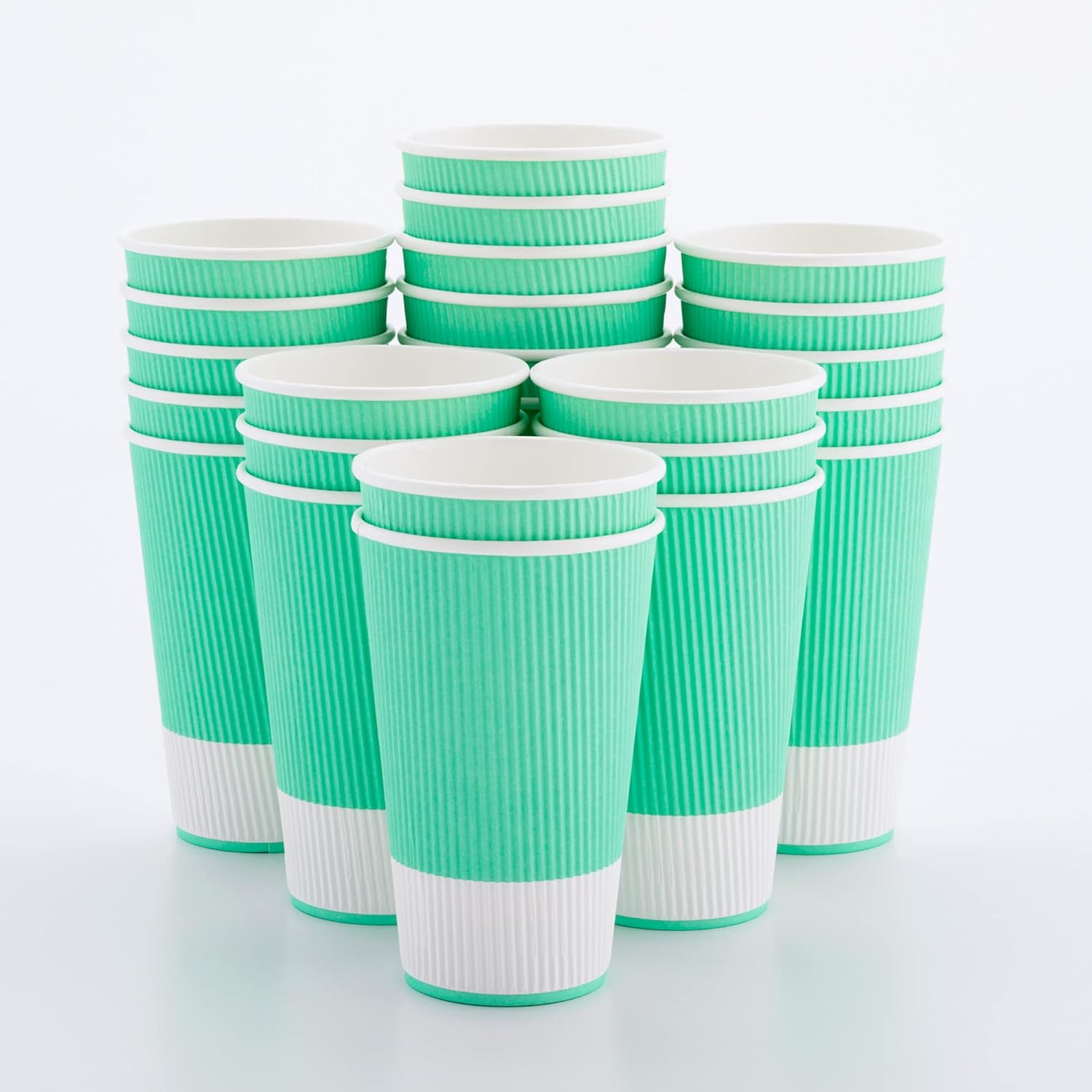 16 Ounce Ripple Wall Disposable Paper Cups - Pack of 25, Leakproof and Recyclable Light Green Insulated Holders, Matching Lids Sold Separately