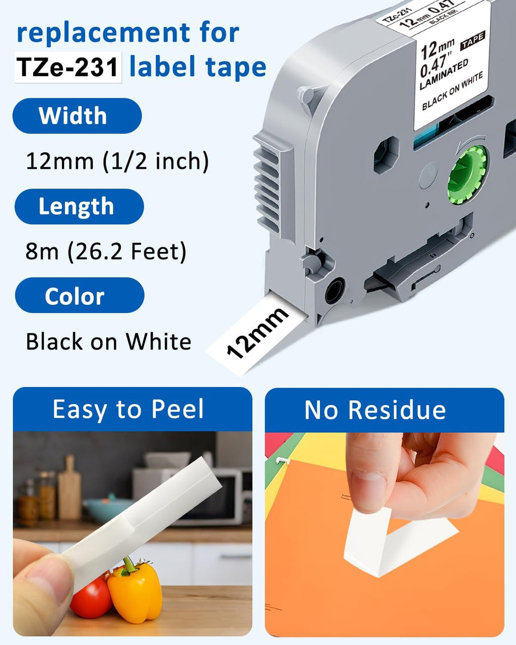 Tze TZ 12mm Laminated White Label Maker Tape Refills Compatible with Brother P-Touch Models PT-D220, PT-D210, PT-H110, PT-D200 - 3 Pack