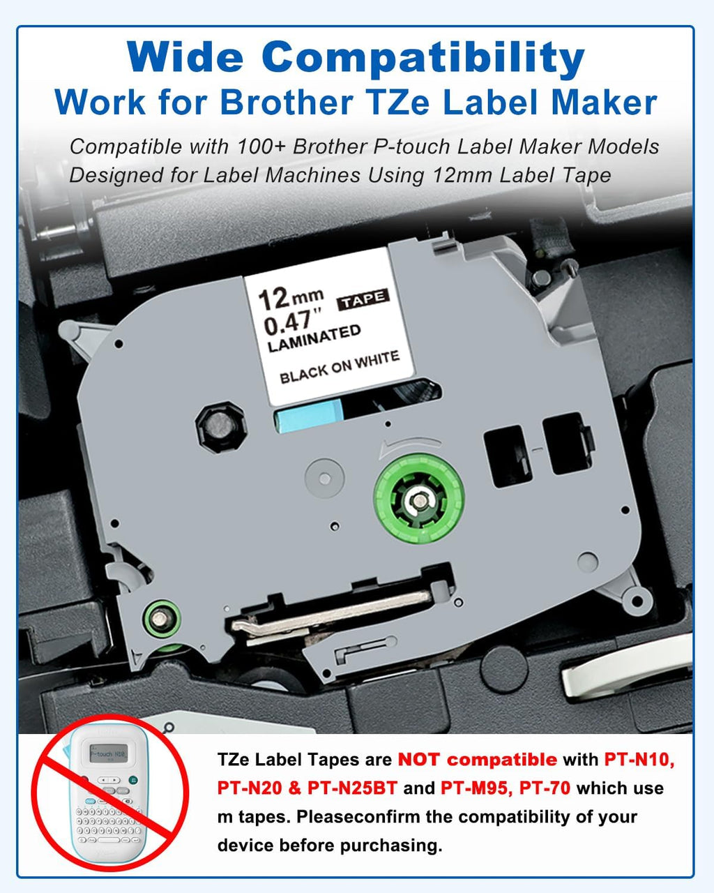 Tze TZ 12mm Laminated White Label Maker Tape Refills Compatible with Brother P-Touch Models PT-D220, PT-D210, PT-H110, PT-D200 - 3 Pack