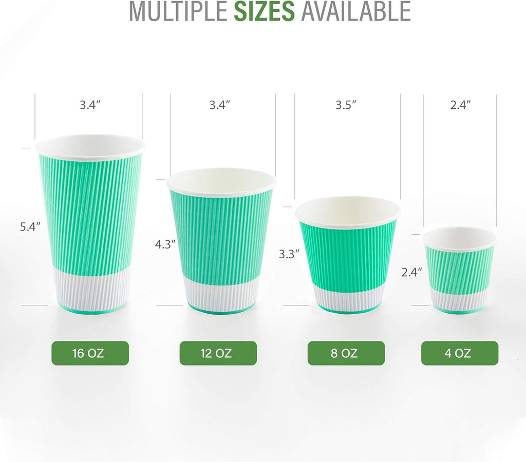 16 Ounce Ripple Wall Disposable Paper Cups - Pack of 25, Leakproof and Recyclable Light Green Insulated Holders, Matching Lids Sold Separately