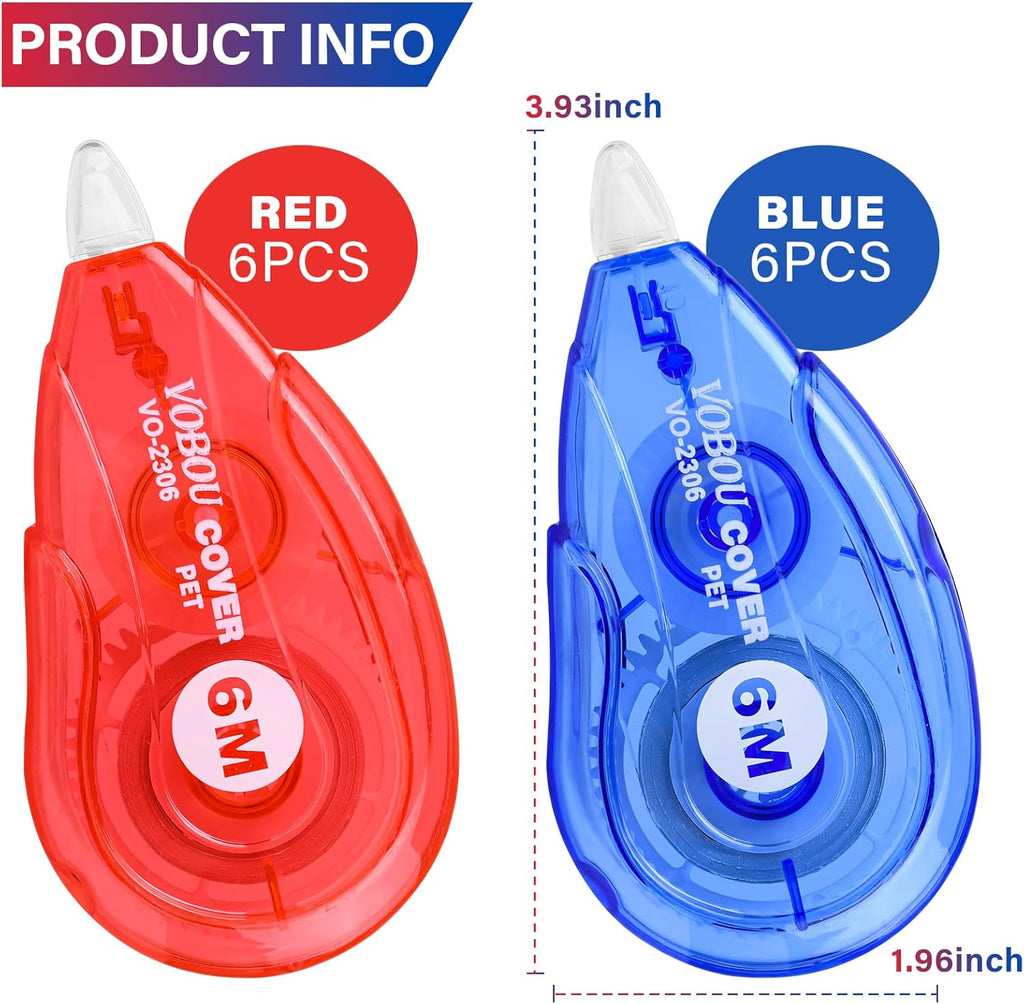 White Correction Tape - User-Friendly Applicator for Quick Corrections, Ideal for School and Office Use (Red and Blue, 12 Pack, 6M/256" X 0.2")