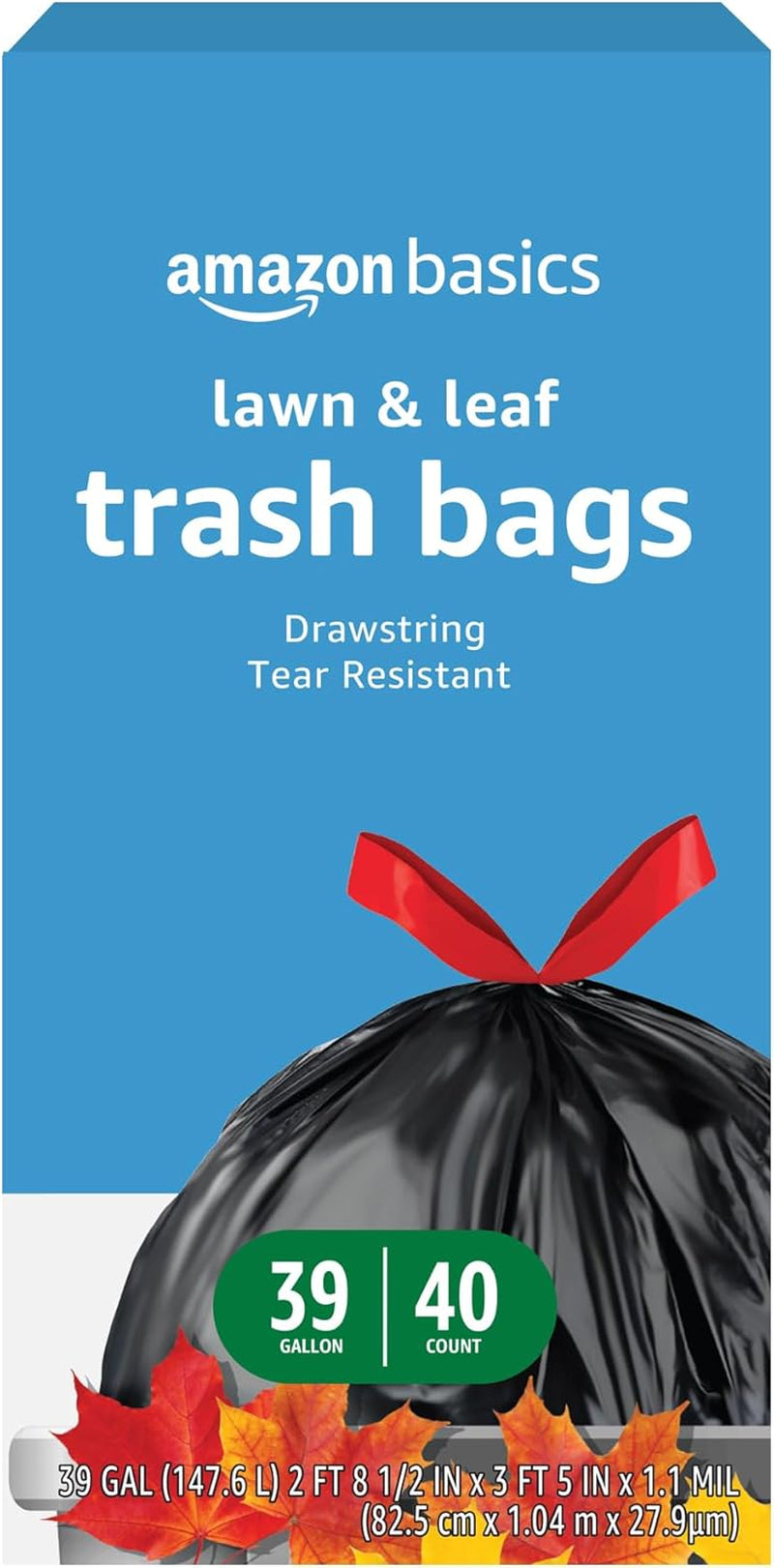 Lawn & Leaf Drawstring Trash Bags, 39 Gallon, 40 Count, Black, Unscented