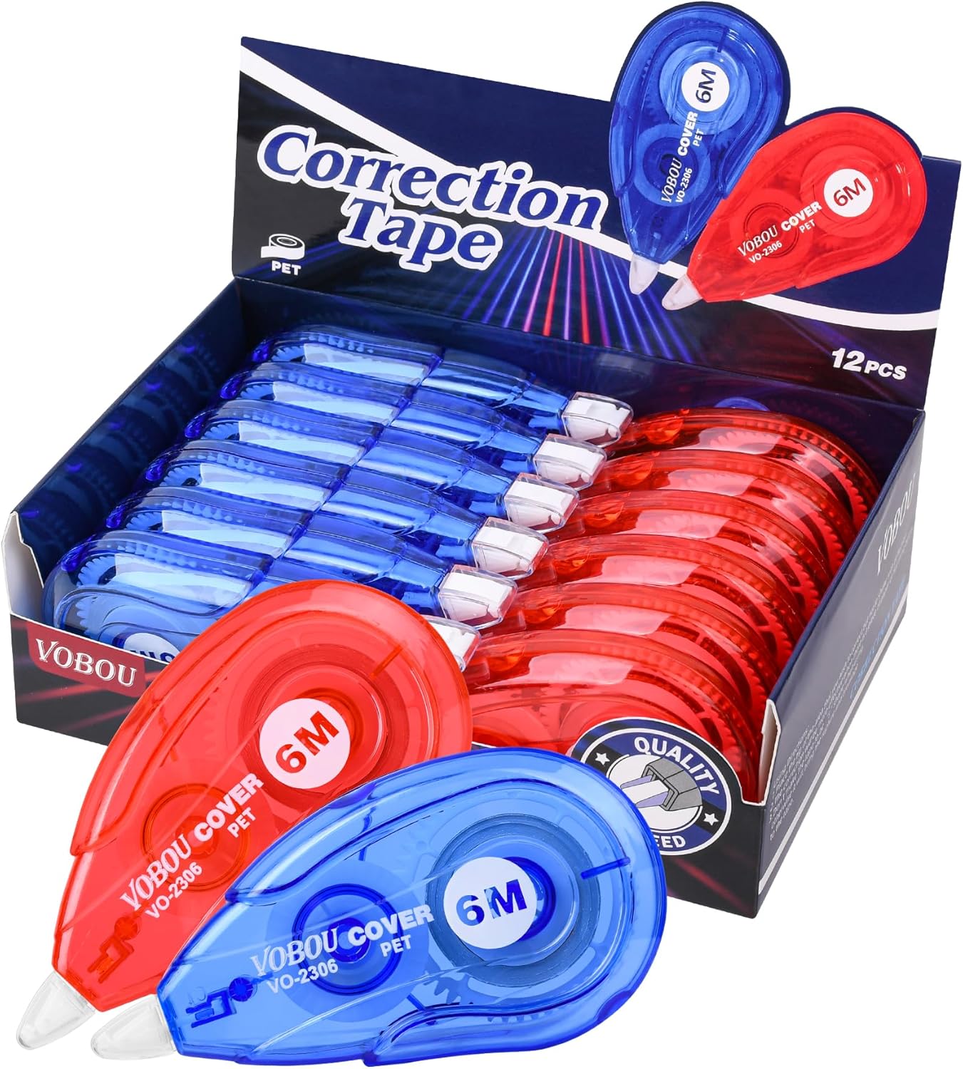 White Correction Tape - User-Friendly Applicator for Quick Corrections, Ideal for School and Office Use (Red and Blue, 12 Pack, 6M/256" X 0.2")