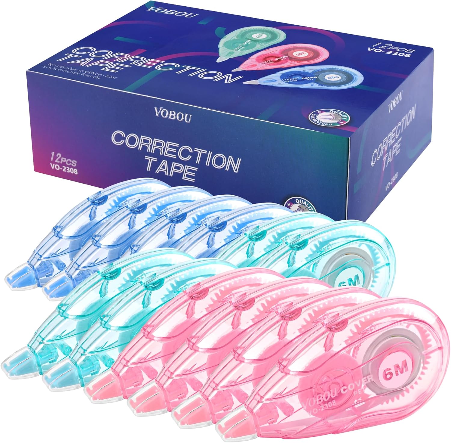 White Correction Tape - User-Friendly Applicator for Quick Corrections, Ideal for School and Office Use (Red and Blue, 12 Pack, 6M/256" X 0.2")