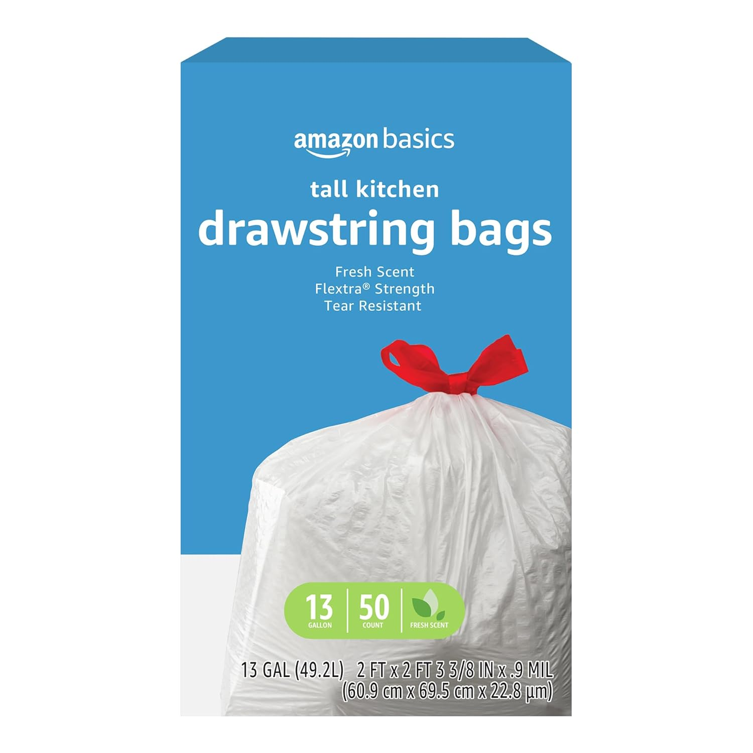 Flextra Strength Tall Kitchen Drawstring Trash Bags, Fresh Scent, Tear Resistant, 13 Gallon, 50 Count