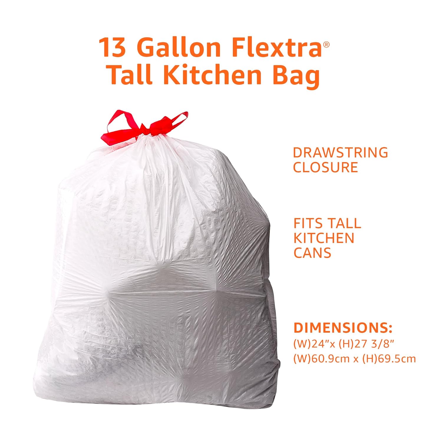 Flextra Strength Tall Kitchen Drawstring Trash Bags, Fresh Scent, Tear Resistant, 13 Gallon, 50 Count