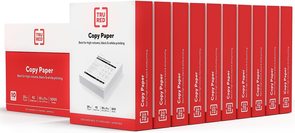 TRU RED 8.5 x 11 Copy Paper, 20 lb, 92 Brightness, 5000 Sheets per Carton for Office, School, and Home Use