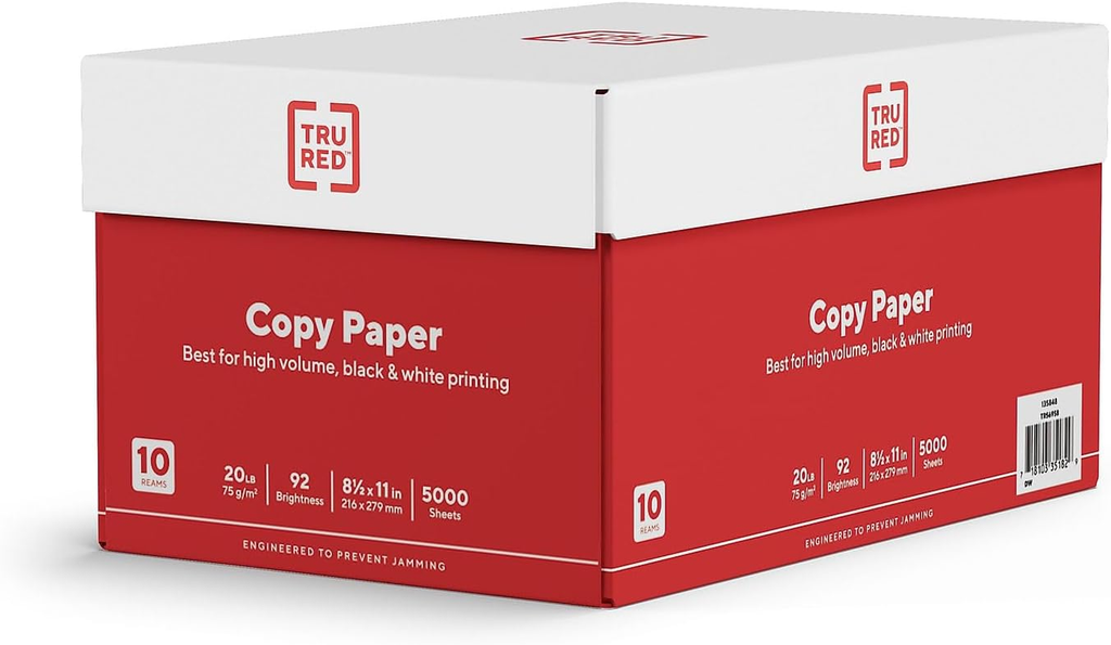 TRU RED 8.5 x 11 Copy Paper, 20 lb, 92 Brightness, 5000 Sheets per Carton for Office, School, and Home Use