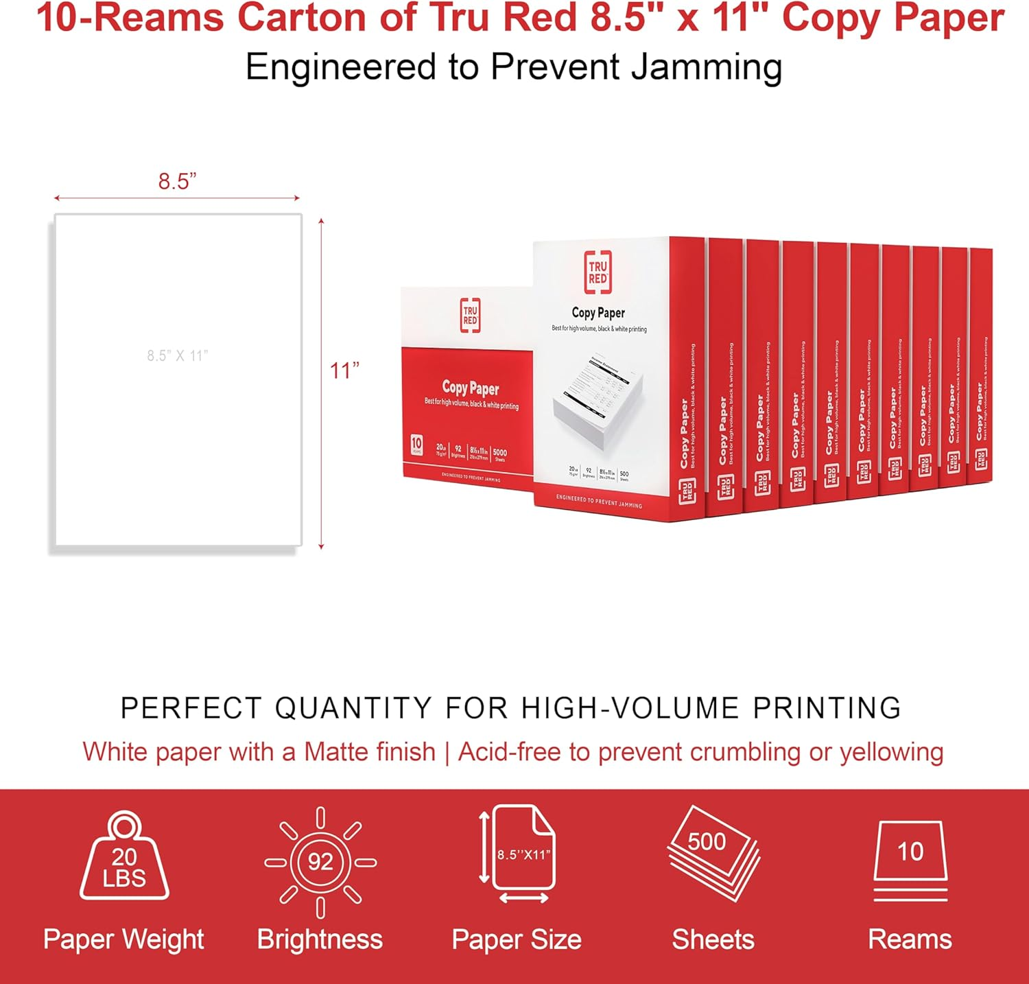 TRU RED 8.5 x 11 Copy Paper, 20 lb, 92 Brightness, 5000 Sheets per Carton for Office, School, and Home Use