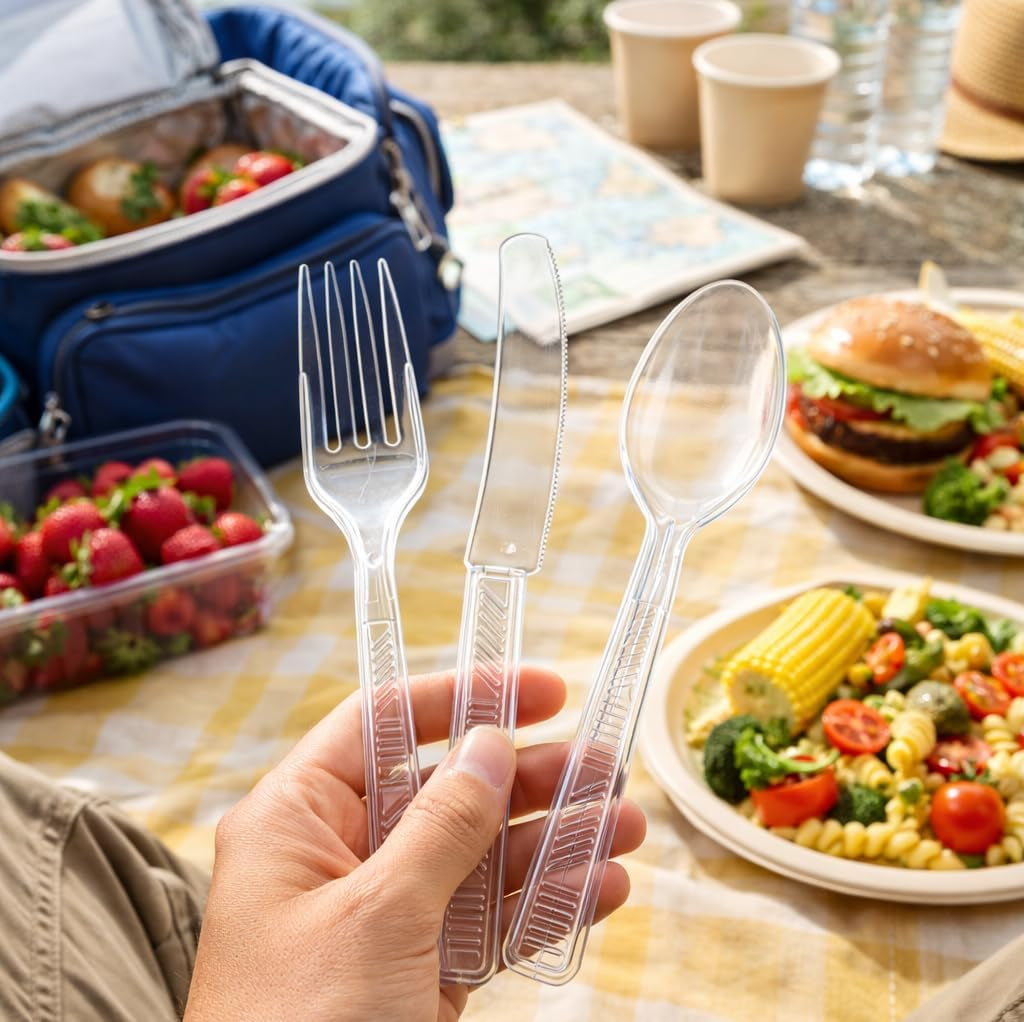 300 Count Plastic Cutlery Combo Box, Disposable Clear Plastic Silverware Utensils Set, 100 Forks, 100 Spoons, 100 Knives